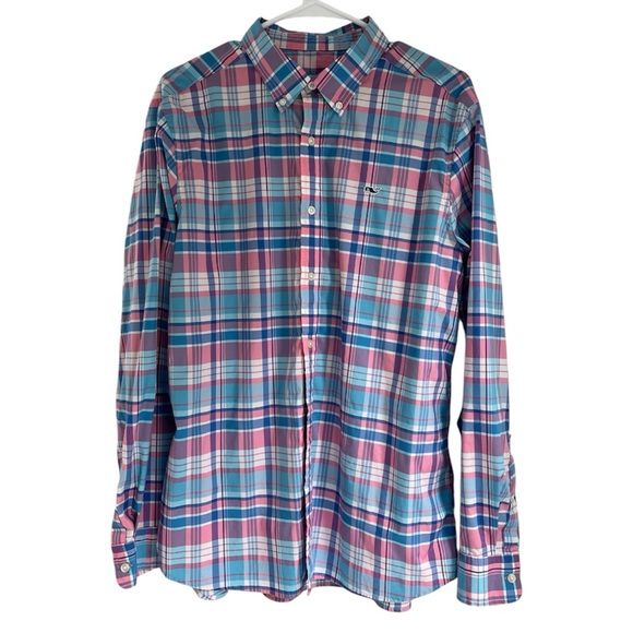 Vineyard Vines Performance Classic Fit Whale Shirt Nyl Spandex Blue Pink Plaid L - Picture 1 of 7